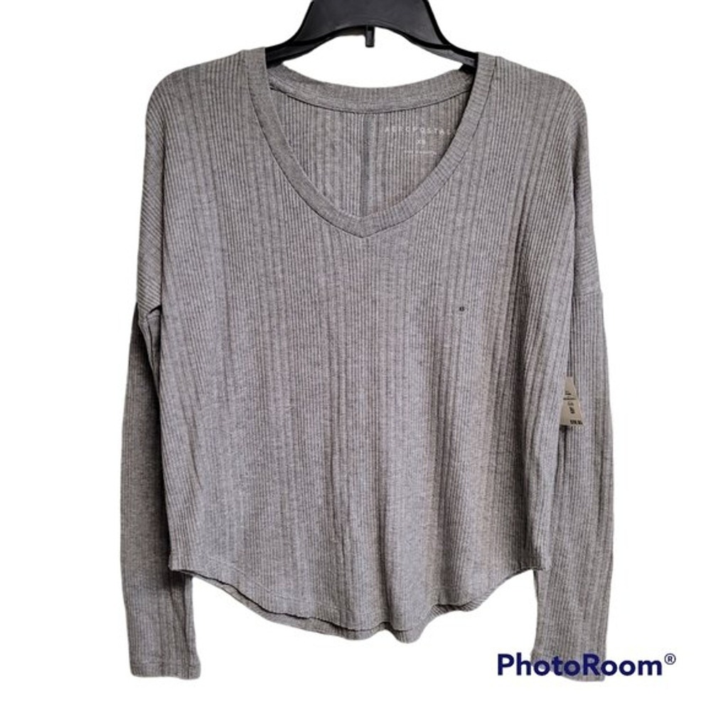 Aeropostale Grey Ribbed V-Neck Drop Shoulder‎ Long Sleeve Top NWT XS